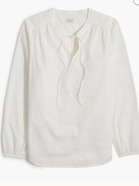 J.Crew White Eyelet Tie-Neck Peasant Top S